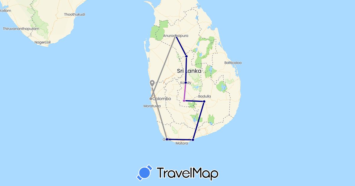 TravelMap itinerary: driving, plane, train in Sri Lanka (Asia)